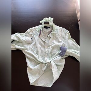 One of a kind upcycled dress shirt with ruffle collar